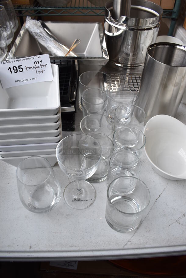 ALL ONE MONEY! Lot of Items on Tabletop Including Material, Poly Bucket, Ceramic Mugs and Wine Glasses and Metal Bins - Image 6 of 12