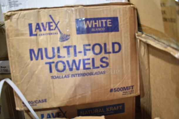 PALLET LOT of 32 BRAND NEW Boxes Including 347RPBD10WHS Visions 10" White Plastic Plate with Silver Bands - 120/Case, Choice Medium Weight White Sporks, 500MFT Lavex White M-Fold (Multifold) Towel - 4000/Case, 3 Box E301455400 Leather Conditioner, 2 Box Choice Hot Cup Travel Lids, 500TW5 Choice 5 oz. Translucent Thin Wall Plastic Cold Cup - 2500/Case, 966TALLFLDB Choice White Tall-Fold 6" x 13" Dispenser Napkin - 8000/Case, 128HD8COMBO ChoiceHD 8 oz. Microwavable Translucent Plastic Deli Container and Lid Combo Pack - 240/Case, Ceramic Pizza Trays, 612FFL1230 Choice Foil Steam Table Pan Lid - Full Size - 50/Case, 395TO881 EcoChoice 8" x 8" x 3" Compostable Sugarcane / Bagasse 1 Compartment Take-Out Box - 200/Case, 129MCR24B Choice 24 oz. Black Round Microwavable Heavy Weight Container with Lid 7 1/4" - 150/Case. 32 Times Your Bid!  - Image 3 of 12