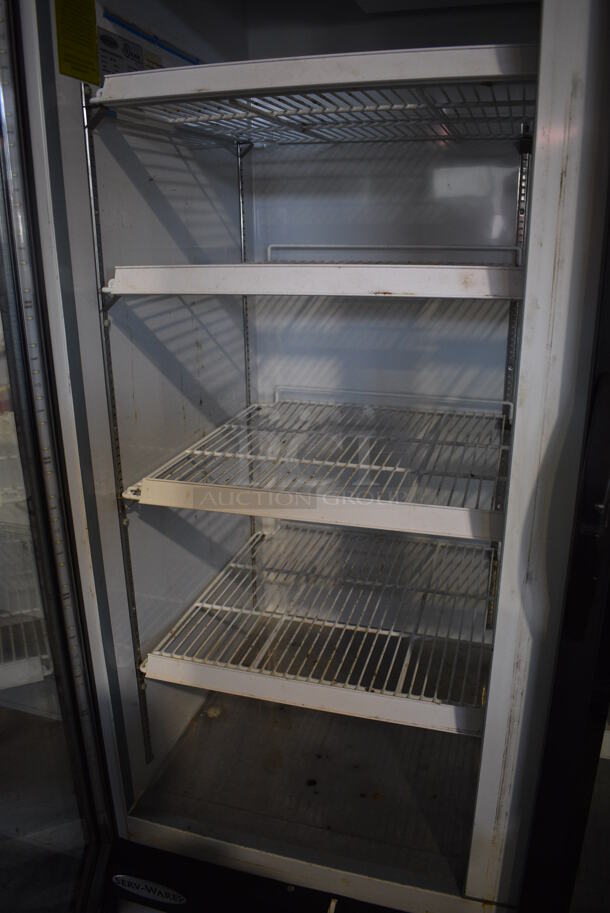 Serv-Ware GR-48 ENERGY STAR Metal Commercial 2 Door Reach In Cooler Merchandiser w/ Poly Coated Racks on Commercial Casters. 115 Volts, 1 Phase. 54x32x82. Tested and Working! - Image 4 of 5