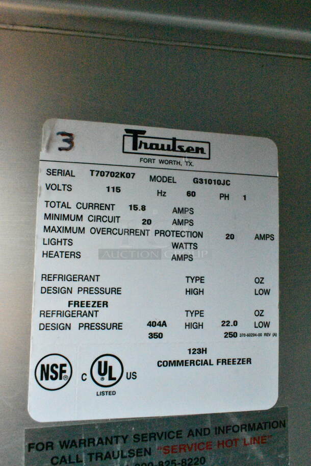 Traulsen G31010JC ENERGY STAR Stainless Steel Commercial 3 Door Reach In Freezer w/ Poly Coated Racks on Commercial Casters. 115 Volts, 1 Phase. Tested and Powers On But Does Not Get Cold
 - Image 7 of 7