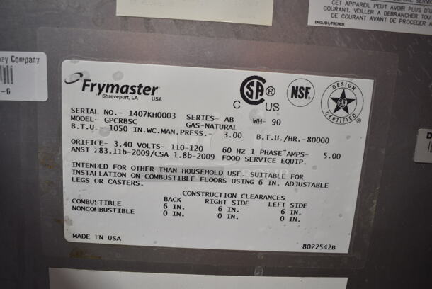 2014 Frymaster GPCRBSC Stainless Steel Commercial Floor Style Natural Gas Powered Deep Fat Fryer w/ Dumping Station on Commercial Casters. 80,000 BTU.  - Image 10 of 10