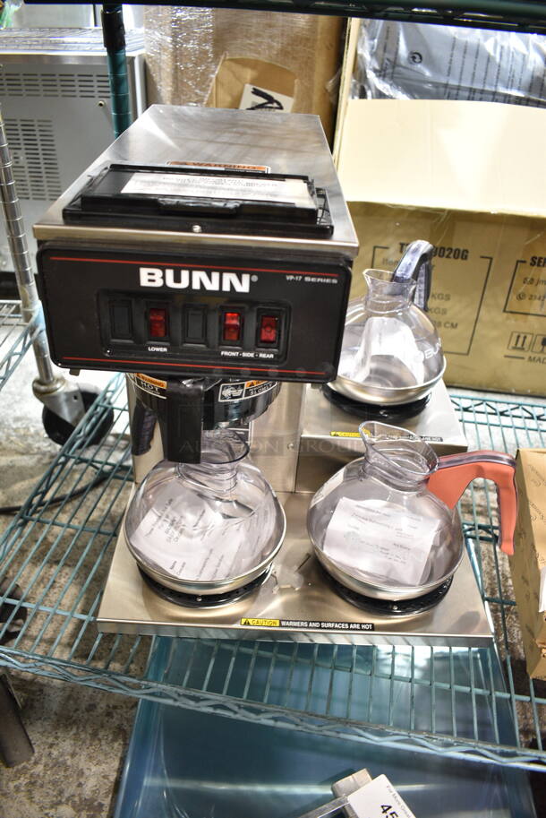 BRAND NEW SCRATCH AND DENT! 2023 Bunn VP17-3 Stainless Steel Commercial Countertop 3 Burner Coffee Machine w/ 3 Coffee Pots and Poly Brew Basket. 120 Volts, 1 Phase.  - Image 2 of 8