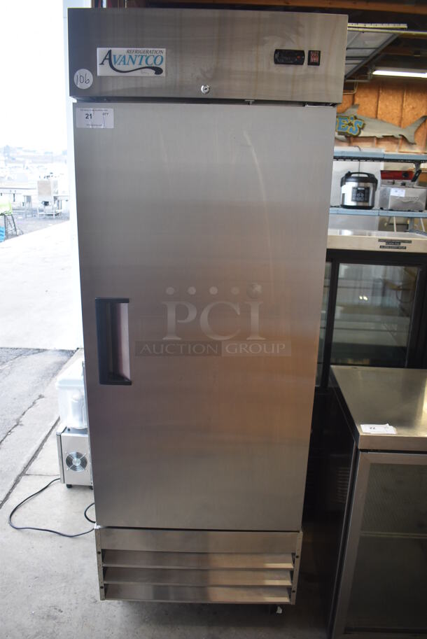 Avantco 178A19RHC Stainless Steel Commercial Single Door Reach In Cooler w/ Poly Coated Racks on Commercial Casters. 115 Volts, 1 Phase. 29x26x83. Tested and Working! - Image 1 of 6