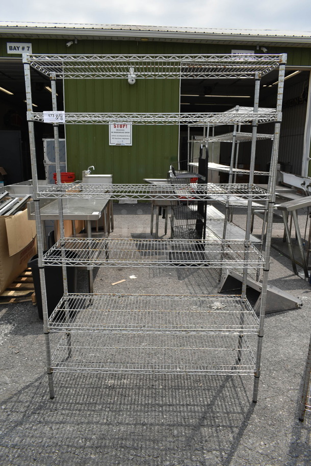 Chrome Finish 6 Tier Wire Shelving Unit. BUYER MUST DISMANTLE. PCI CANNOT DISMANTLE FOR SHIPPING. PLEASE CONSIDER FREIGHT CHARGES. - Image 1 of 3