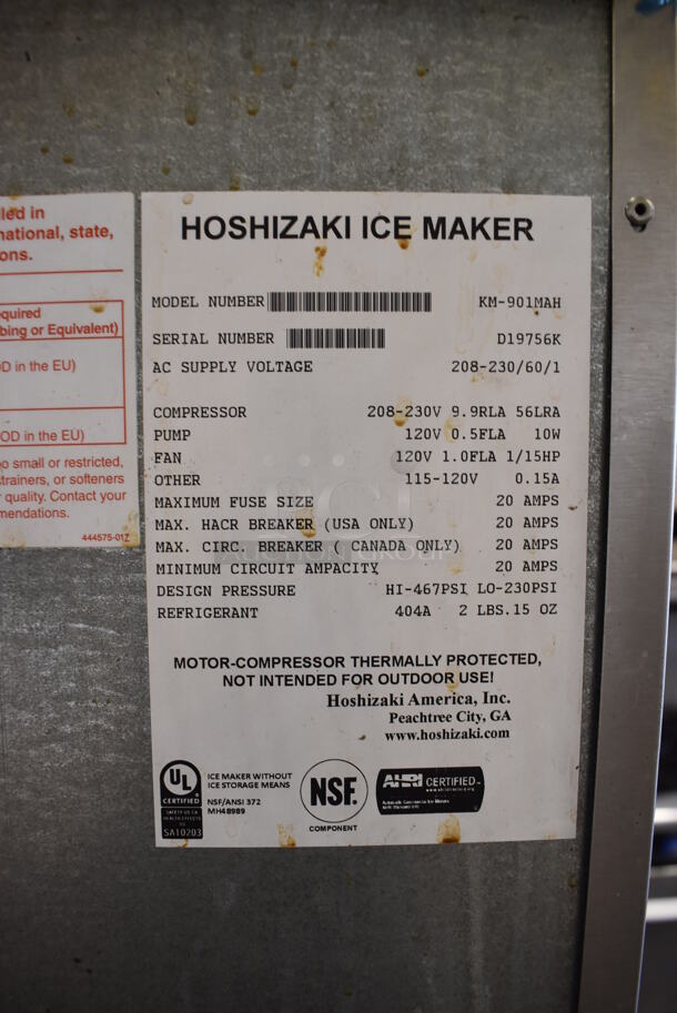 Hoshizaki KM-901MAH Stainless Steel Commercial Ice Head on Commercial Ice Bin. 208-230 Volts, 1 Phase. 44.5x33x77.5 - Image 6 of 6