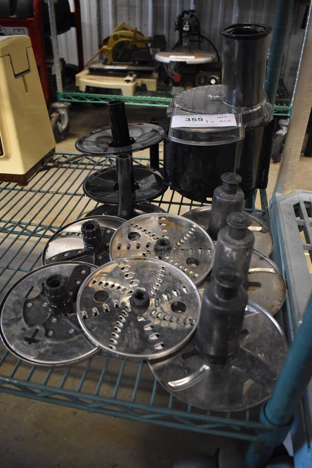 ALL ONE MONEY! Lot of Parts to Food Processor Including 8 Various Blades, 2 Covers and Bowl. Includes 9x10x12 - Image 3 of 6