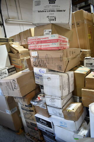 PALLET LOT of 40 BRAND NEW Boxes Including NP7380A Tork Dinner Napkins, Purell Body Fluid Spill Kit Refills, Avantco 178CARTRIDGE Automatic Door Swing Cartridge, 395TO961PF EcoChoice 9" x 6" x 3" No PFAS Added Natural Bagasse Blend Take-Out Container - 200/Case, 5002TPJPREM Lavex Premium 2-Pl 720' Universal Jumbo Toilet Paper Roll with 9" Diameter - 12/Case, 5014347M15 Lavex Li'l Herc 56 Gallon 1.5 Mil 43" x 47" Low Density Medium-Duty Black Can Liner / Trash Bag - 100/Case, 2 Box 612W65 Choice Insulated Foil Sandwich Wrap Sheets 14" x 16" - 1000/Case, 127RD12BULK Choice 12 oz. Customizable Microwavable Translucent Round Deli Container - 500/Case, Choice 1 oz Portion Cups,  Disposable Gloves, 980310404 Matfer Bourgeat 310404 10 1/4" Black Carbon Steel Round Tapered Oven Sheet / Pizza Pan, 50224338CL Lavex 15 Gallon 8 Micron 24" x 33" High Density Janitorial Can Liner / Trash Bag - 1000/Case, 2 Box 612605070 Choice Full Size Foil Steam Table Pan Deep 3 3/8" Depth - Full Size Deep - 50/Case, 127RD8BULK Choice 8 oz. Customizable Microwavable Translucent Round Deli Container - 500/Case, 544P566 Monin 2 Tier 375 mL Concentrated Flavor Rack, 130BKFSNSPH Visions Heavy Weight Black Wrapped Plastic Cutlery Pack with Napkin and Salt and Pepper Packets - 500/Case. 40 Times Your Bid!