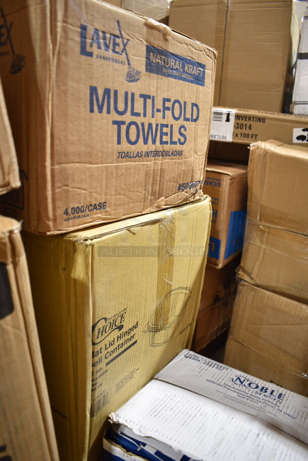 PALLET LOT of 32 BRAND NEW Boxes Including 347RPBD10WHS Visions 10" White Plastic Plate with Silver Bands - 120/Case, Choice Medium Weight White Sporks, 500MFT Lavex White M-Fold (Multifold) Towel - 4000/Case, 3 Box E301455400 Leather Conditioner, 2 Box Choice Hot Cup Travel Lids, 500TW5 Choice 5 oz. Translucent Thin Wall Plastic Cold Cup - 2500/Case, 966TALLFLDB Choice White Tall-Fold 6" x 13" Dispenser Napkin - 8000/Case, 128HD8COMBO ChoiceHD 8 oz. Microwavable Translucent Plastic Deli Container and Lid Combo Pack - 240/Case, Ceramic Pizza Trays, 612FFL1230 Choice Foil Steam Table Pan Lid - Full Size - 50/Case, 395TO881 EcoChoice 8" x 8" x 3" Compostable Sugarcane / Bagasse 1 Compartment Take-Out Box - 200/Case, 129MCR24B Choice 24 oz. Black Round Microwavable Heavy Weight Container with Lid 7 1/4" - 150/Case. 32 Times Your Bid!  - Image 12 of 12