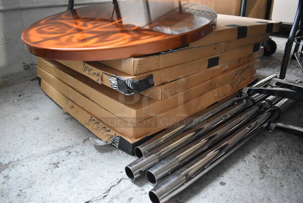 8 BRAND NEW IN BOX! Copper Colored Round Tabletops w/ 4 Metal X Table Base and 4 Metal Table Base Chute. 30x30x1.5. 8 Times Your Bid! - Image 4 of 4