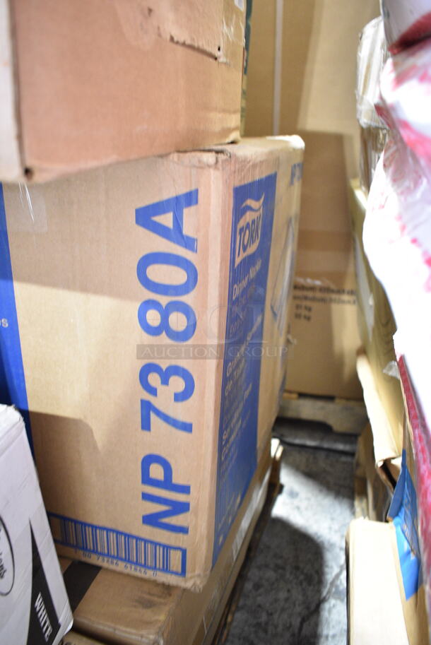 PALLET LOT of 40 BRAND NEW Boxes Including NP7380A Tork Dinner Napkins, Purell Body Fluid Spill Kit Refills, Avantco 178CARTRIDGE Automatic Door Swing Cartridge, 395TO961PF EcoChoice 9" x 6" x 3" No PFAS Added Natural Bagasse Blend Take-Out Container - 200/Case, 5002TPJPREM Lavex Premium 2-Pl 720' Universal Jumbo Toilet Paper Roll with 9" Diameter - 12/Case, 5014347M15 Lavex Li'l Herc 56 Gallon 1.5 Mil 43" x 47" Low Density Medium-Duty Black Can Liner / Trash Bag - 100/Case, 2 Box 612W65 Choice Insulated Foil Sandwich Wrap Sheets 14" x 16" - 1000/Case, 127RD12BULK Choice 12 oz. Customizable Microwavable Translucent Round Deli Container - 500/Case, Choice 1 oz Portion Cups,  Disposable Gloves, 980310404 Matfer Bourgeat 310404 10 1/4" Black Carbon Steel Round Tapered Oven Sheet / Pizza Pan, 50224338CL Lavex 15 Gallon 8 Micron 24" x 33" High Density Janitorial Can Liner / Trash Bag - 1000/Case, 2 Box 612605070 Choice Full Size Foil Steam Table Pan Deep 3 3/8" Depth - Full Size Deep - 50/Case, 127RD8BULK Choice 8 oz. Customizable Microwavable Translucent Round Deli Container - 500/Case, 544P566 Monin 2 Tier 375 mL Concentrated Flavor Rack, 130BKFSNSPH Visions Heavy Weight Black Wrapped Plastic Cutlery Pack with Napkin and Salt and Pepper Packets - 500/Case. 40 Times Your Bid! - Image 3 of 12
