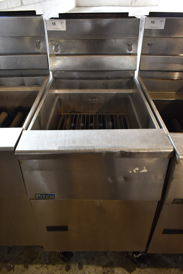 2015 Pitco Frialator SG18 Stainless Steel Commercial Floor Style Natural Gas Powered 75 Pound Capacity Deep Fat Fryer on Commercial Casters. 140,000 BTU. - Image 1 of 5