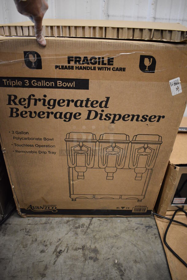 BRAND NEW IN BOX! Avantco Model COLDREAM 3M Stainless Steel Commercial Countertop 3 Hopper Refrigerated Beverage Machine. Each Hopper Has a 3 Gallon Capacity. 120 Volts, 1 Phase. 23x18x29. Tested and Powers On But Does Not Get Cold - Image 8 of 8