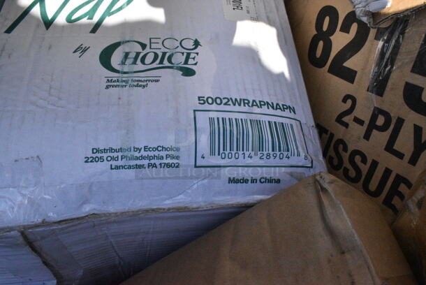 20 BRAND NEW Boxes Including 2 Box 347RPBD10WHG Visions 10" White Plastic Plate with Gold Bands - 120/Case, 5002WRAPNAPN EcoChoice WrapNap 2-Ply Natural Kraft 1/4 Fold Dinner Napkin 16" x 16" - 3000/Case, 500LFLAT Choice Clear Flat Lid with Straw Slot - 9, 12, 16, 20, and 24 oz. - 1000/Case, 5013339 Lavex Hercules 33 Gallon 2 Mil 33" x 39" Low Density Heavy-Duty Black Can Liner / Trash Bag - 100/Case, 50016W Choice White Poly Paper Hot Cup. 20 Times Your Bid!  - Image 5 of 12
