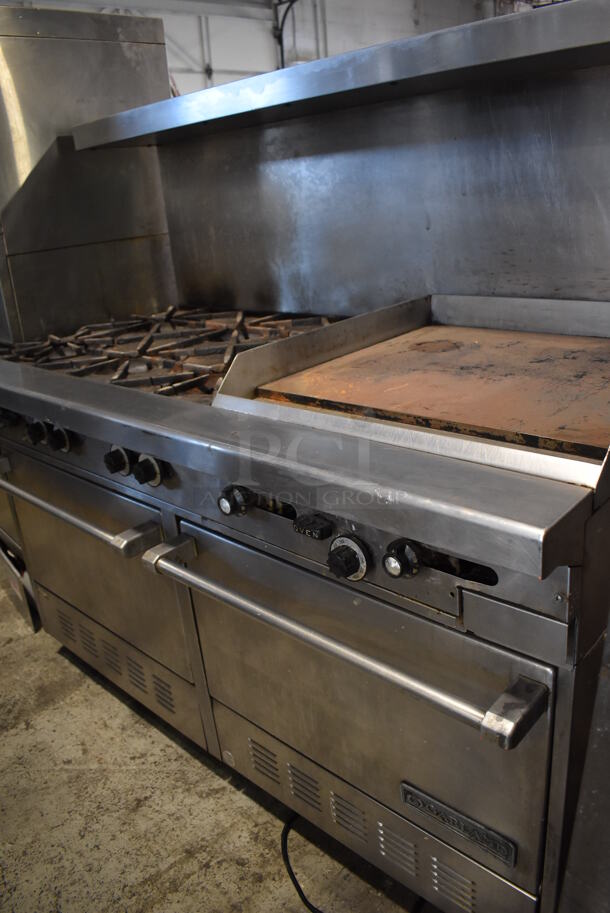 Garland Stainless Steel Commercial Natural Gas Powered 6 Burner Range w/ Flat Top Griddle, 2 Ovens, Over Shelf and Back Splash. 60x35x59.5 - Image 3 of 9