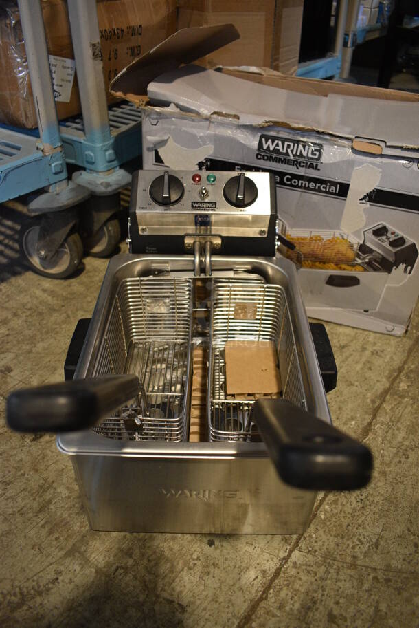 BRAND NEW SCRATCH AND DENT! Waring Stainless Steel Commercial Countertop Electric Powered Fryer w/ 2 Metal Fry Baskets. 208 Volts, 1 Phase. 13x24x12