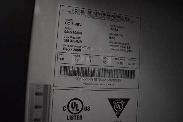 Fogel CC-7-BEV Metal Commercial Mini Cooler Merchandiser. 115 Volts, 1 Phase. Tested and Powers On But Does Not Get Cold - Image 5 of 6