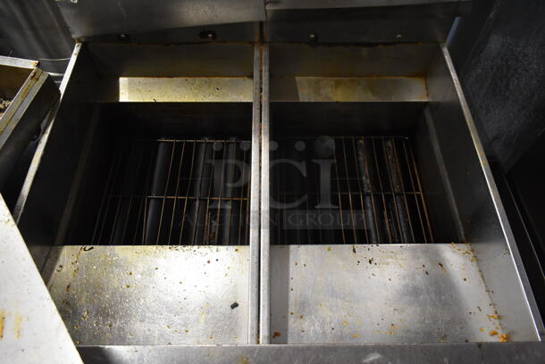 Pitco Frialator SG14 Stainless Steel Commercial Floor Style Natural Gas Powered Double Bay Deep Fat Fryer w/ Filtration System and Grease Trap. 110,000 BTU.  - Image 9 of 11