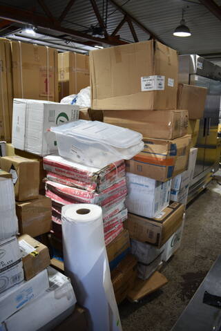 PALLET LOT of 42 BRAND NEW Boxes Including 127CH12F Choice 12 oz. Clear RPET Tall Hinged Deli Container - 200/Case, 966TALLFLDB Choice White Tall-Fold 6" x 13" Dispenser Napkin - 8000/Case, 15909144 Araven 09144 ColorClip 6 Gallon / 96 Cup Polypropylene Light-Duty Shelf Ingredient Bin, 8 Box 612W65 Choice Insulated Foil Sandwich Wrap Sheets 14" x 16" - 1000/Case, 5002CPTEC Lavex 2-Ply White Center Pull Economy Paper Towel Roll, 500 Sheets / Roll - 6/Case, 5002CPTENAT Lavex 2-Ply Natural Kraft Center Pull Paper Towel 510' Roll - 6/Case, Visions Stemless White Plastic Glasses, Dinex DX11870174 Clear Dome Disposable Lid for Dinex DXSWC6 6 oz. Clear Tulip Bowls, Dinex DXSWC8 8 oz. Clear Tulip Bowls, Carlisle 4531 5 oz. Tulip Dish, and Carlisle 4535 8 oz. Clear Tulip Bowls - 1000/Case, 245CB10 Choice 10" x 10" x 2" White Customizable Corrugated Plain Pizza Box - 50/Bundle, 2 Box 966UPWIDEKFT-500 OneUp by Choice Kraft 2-Ply Wide Interfold 6 1/2" x 8 1/2" Dispenser Napkin - 6000/Case. 42 Times Your Bid!