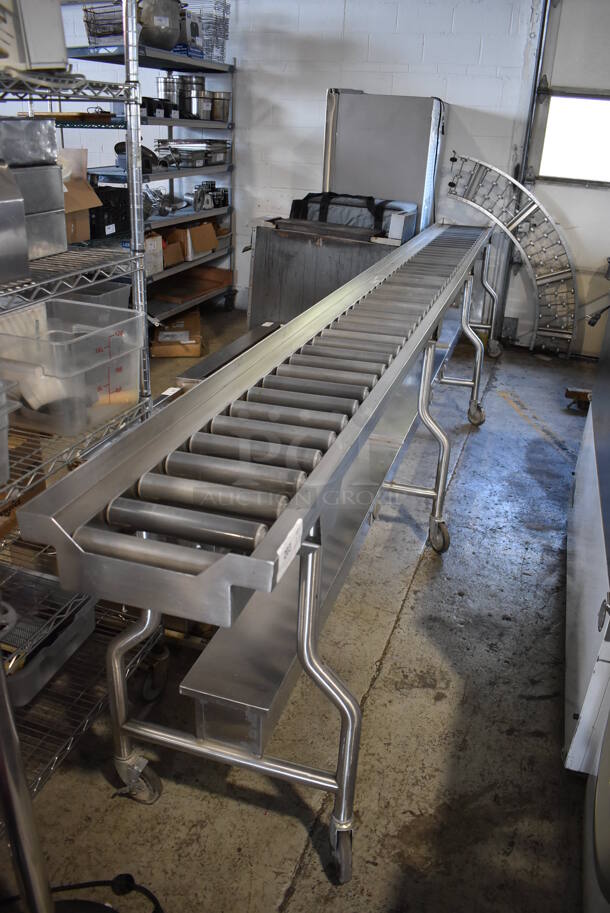 ALL ONE MONEY! Lot of RSR16 16' Food Service Conveyor Belt w/ Electrical Raceway on Commercial Casters and Extra Curve Piece. Goes GREAT w/ Lot #1! 120/208 Volts, 3 Phase. 192x23x38, 12x55x3