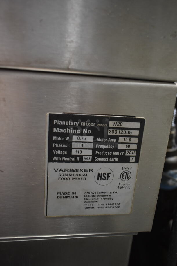 Varimixer W20 Metal Commercial Countertop 20 Quart Planetary Dough Mixer w/ Stainless Steel Mixing Bowl, Bowl Guard and Dough Hook Attachment on Equipment Stand. 110 Volts, 1 Phase. Tested and Working! - Image 6 of 6