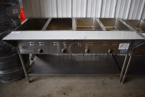 ServIt 423EST4WE750 Stainless Steel Commercial Electric Powered 4 Bay Electric Powered Steam Table w/ Cutting Board and Under Shelf. 208/240 Volts. 58x30x34