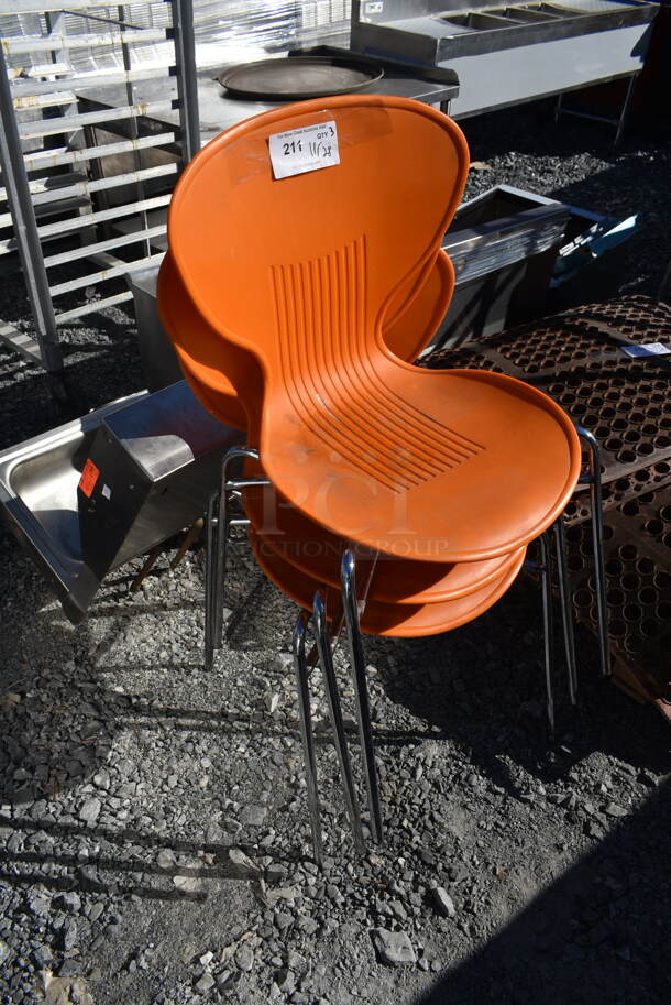 3 Orange Poly Dining Height Chairs on Metal Legs. 3 Times Your Bid! - Image 2 of 3