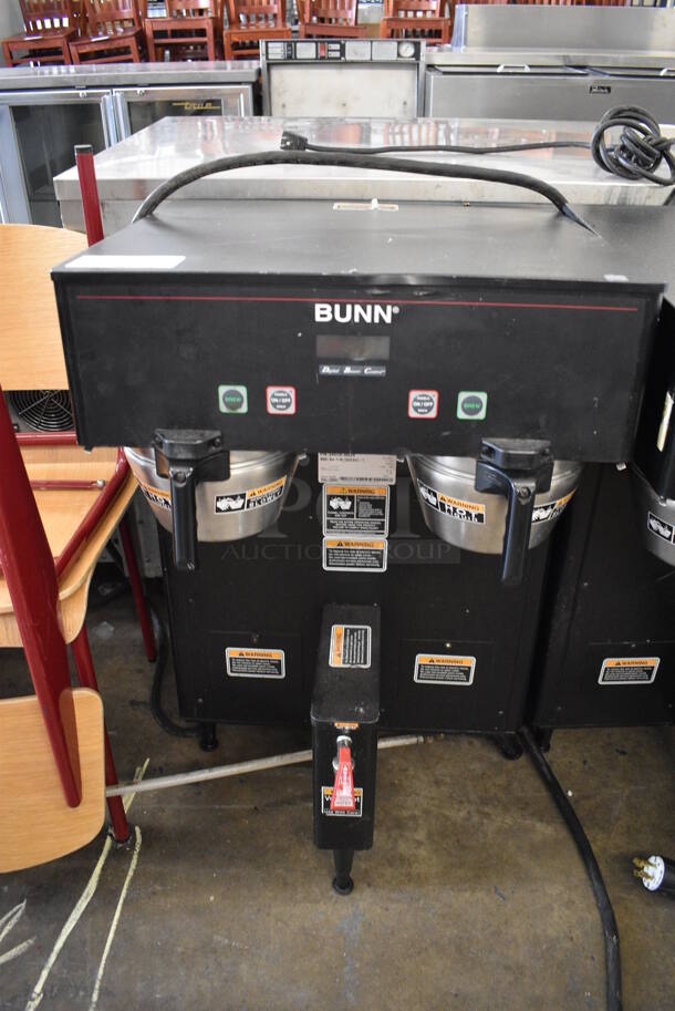 2012 Bunn Model DUAL TF DBC Commercial Metal Countertop Double Coffee Machine w/ Hot Water Dispenser and 2 Metal Brew Baskets. 120/208 Volts, 1 Phase. 22x20x34.5