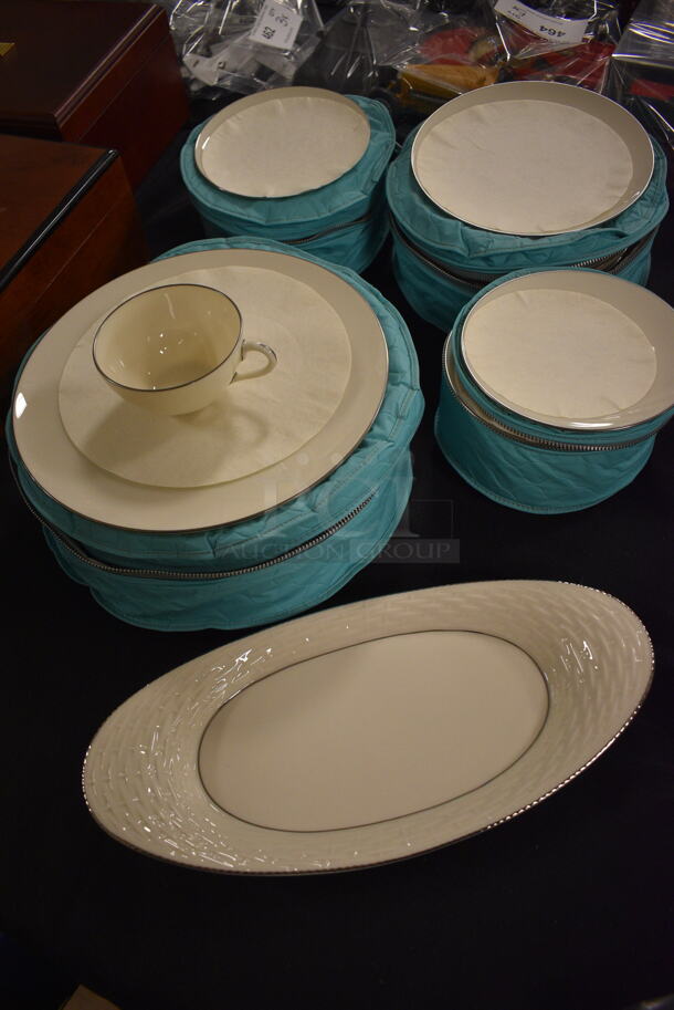 ALL ONE MONEY! Lot of Lenox Dinnerware Including Serving Plate, Cups, Dinner Plates, Salad Plates, Bread and Butter Plates, and Saucers With Protective Covers 
