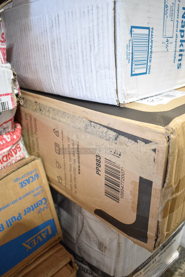 PALLET LOT of 42 BRAND NEW Boxes Including 127CH12F Choice 12 oz. Clear RPET Tall Hinged Deli Container - 200/Case, 966TALLFLDB Choice White Tall-Fold 6" x 13" Dispenser Napkin - 8000/Case, 15909144 Araven 09144 ColorClip 6 Gallon / 96 Cup Polypropylene Light-Duty Shelf Ingredient Bin, 8 Box 612W65 Choice Insulated Foil Sandwich Wrap Sheets 14" x 16" - 1000/Case, 5002CPTEC Lavex 2-Ply White Center Pull Economy Paper Towel Roll, 500 Sheets / Roll - 6/Case, 5002CPTENAT Lavex 2-Ply Natural Kraft Center Pull Paper Towel 510' Roll - 6/Case, Visions Stemless White Plastic Glasses, Dinex DX11870174 Clear Dome Disposable Lid for Dinex DXSWC6 6 oz. Clear Tulip Bowls, Dinex DXSWC8 8 oz. Clear Tulip Bowls, Carlisle 4531 5 oz. Tulip Dish, and Carlisle 4535 8 oz. Clear Tulip Bowls - 1000/Case, 245CB10 Choice 10" x 10" x 2" White Customizable Corrugated Plain Pizza Box - 50/Bundle, 2 Box 966UPWIDEKFT-500 OneUp by Choice Kraft 2-Ply Wide Interfold 6 1/2" x 8 1/2" Dispenser Napkin - 6000/Case. 42 Times Your Bid! - Image 10 of 12