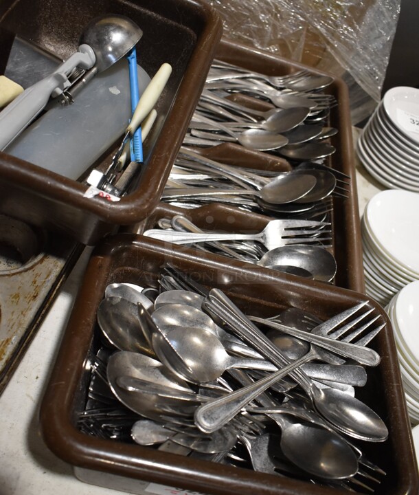 ALL ONE MONEY! Lot of 3 Bins of Various Silverware and Utensils.