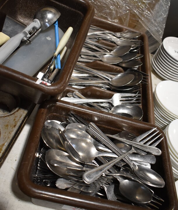 ALL ONE MONEY! Lot of 3 Bins of Various Silverware and Utensils. - Image 1 of 6