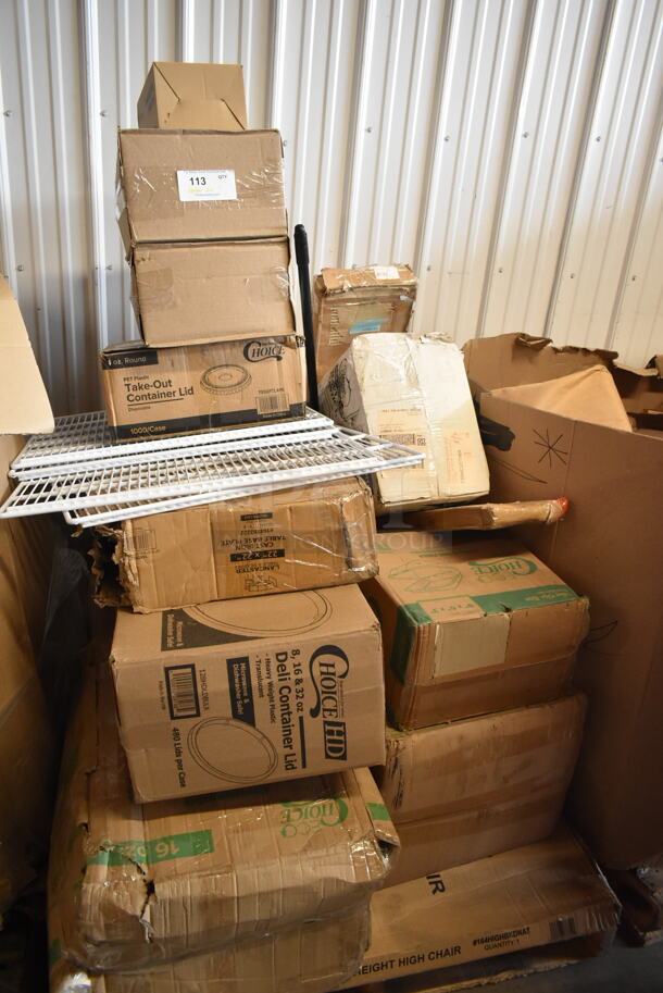 PALLET LOT of 20 BRAND NEW Boxes Including 286C12OR Creative Converting 28191071 12 oz. Sunkissed Orange Plastic Cup - 240/Case, 795KFTL4PE Choice 4 oz. Round PET Take-Out Lid - 1000/Case, 164TB2222 Lancaster Table & Seating 22" x 22" Cross Cast Iron Table Base Plate, 128HDLDBULK ChoiceHD Microwavable Translucent Plastic Deli Container Lid - 480/Case, 164HIGHBKDNAT Bar Height High Chair, EcoChoice Take Out Boxes. 20 Times Your Bid!  - Image 1 of 6