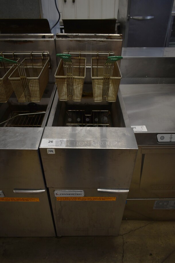 2021 Frymaster GF40SD Stainless Steel Commercial Floor Style Natural Gas Powered Deep Fat Fryer w/ 2 Metal Fry Baskets on Commercial Casters. 122,000 BTU. 