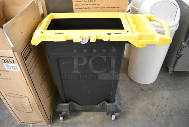BRAND NEW IN BOX! Rubbermaid Black and Yellow Poly Slim Jim Caddy Kit on Casters. 33x13x35 - Image 2 of 7