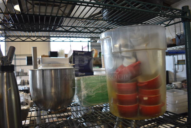 ALL ONE MONEY! Metro Lot of 4 Tiers of Various Items Including Metal Skillets, Air Pot, Ceramic Bowls, Metal Bins and Utensils. Does Not Include Metro Shelving Unit - Image 9 of 11