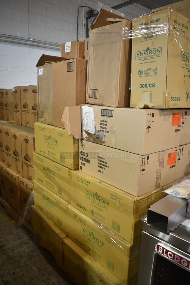 PALLET LOT of 41 BRAND NEW Boxes Including 7 Box Environ 1369015 CPLA Soup Lids, 4210-100-25WDL Containers, 5037Q743 Electra Medium 15 oz, Environ 1369028 16 oz Kraft Soup Cup. 41 Times Your Bid! - Image 1 of 5