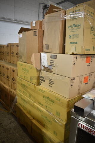 PALLET LOT of 41 BRAND NEW Boxes Including 7 Box Environ 1369015 CPLA Soup Lids, 4210-100-25WDL Containers, 5037Q743 Electra Medium 15 oz, Environ 1369028 16 oz Kraft Soup Cup. 41 Times Your Bid!