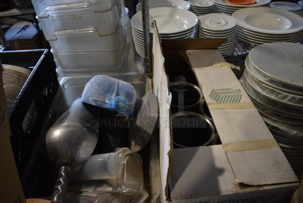 ALL ONE MONEY! Lot of Tabletop Full of Various Items Including Glasses, Dishes, Ice Scoopers and Poly Bins. Does Not Include Table. - Image 7 of 11