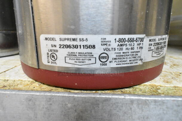 2 Insinkerator Supreme SS-5 Stainless Steel Commercial Garbage Disposal. 120 Volts, 1 Phase. 2 Times Your Bid! This Unit Was In Working Condition When the Restaurant Closed. (kitchen) - Image 2 of 2
