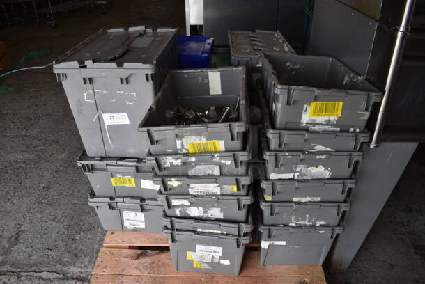 PALLET LOT of Various Gray Poly Bins of Various Silverware Including Forks and Spoons