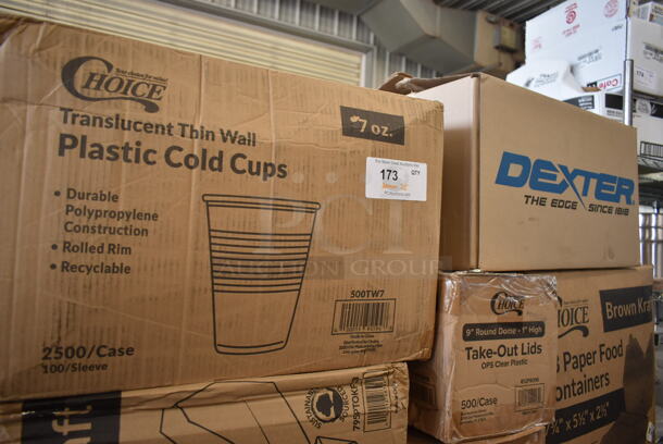 PALLET LOT of 25 BRAND NEW Boxes Including 500TW7 Choice Translucent Thin Wall Plastic Cup, 795PTOKFT3 Choice Kraft Microwavable Folded Paper #3 Take-Out Container 7 3/4" x 5 1/2" x 2 1/2" - 200/Case, 2 Box 612P509S Choice 9" Clear Round Plastic Dome Lid - 500/Case, Choice Paper Food Containers, 2 Box 127P325C Choice 3.25 oz. Clear Plastic Souffle Cup / Portion Cup - 2500/Case, 626NSL Solo Prima Pet Plastic Cold Cup Straless lid. 25 Times Your Bid! - Image 2 of 4