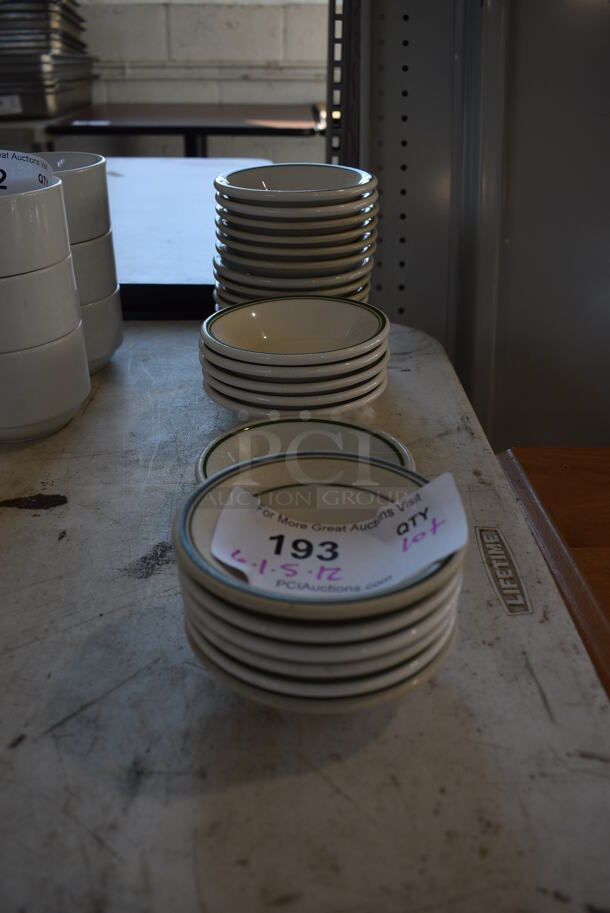 ALL ONE MONEY! Lot of 24 Various White Ceramic Bowls w/ Green Lines on Rim. Includes 4.25x4.25x1