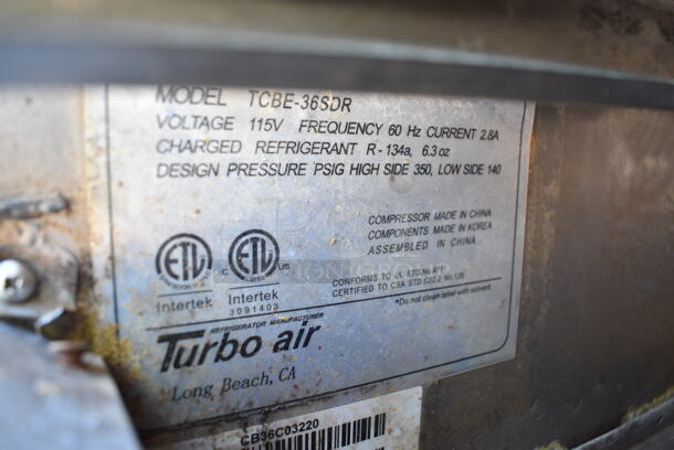 Rankin Delux GR-48 Stainless Steel Commercial Countertop Natural Gas Powered Flat Top Griddle on Turbo Air TCBE-36SDR 2 Drawer Chef Base. 115 Volts, 1 Phase. Cannot Test Due To Cut Power Cord - Image 7 of 8