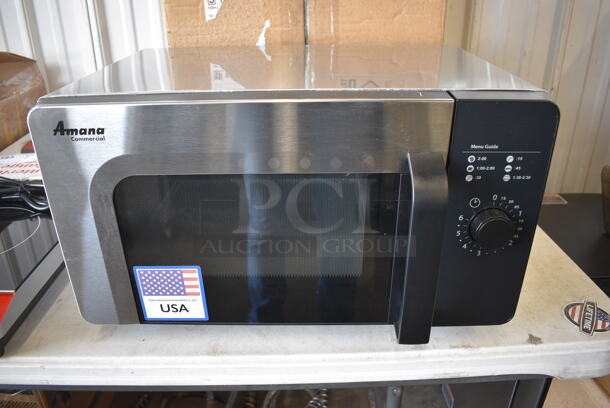 BRAND NEW IN BOX! Amana Model RMS10DSA Stainless Steel Commercial Countertop Microwave Oven. 120 Volts, 1 Phase. 20.5x17.5x12