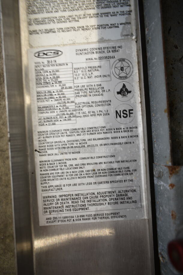 Dynamic Cooking Systems DCS 36-6-1N Stainless Steel Commercial Variable Gas Powered 6 Burner Range w/ Oven, Over Shelf and Back Splash.  - Image 6 of 7