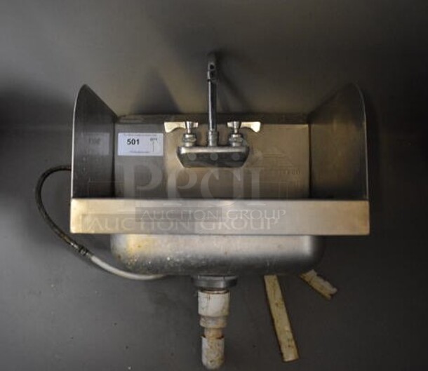 Stainless Steel Commercial Single Bay Wall Mount Sink w/ Faucet, Handles and Side Splash Guards. 17x16x24 - Image 1 of 4