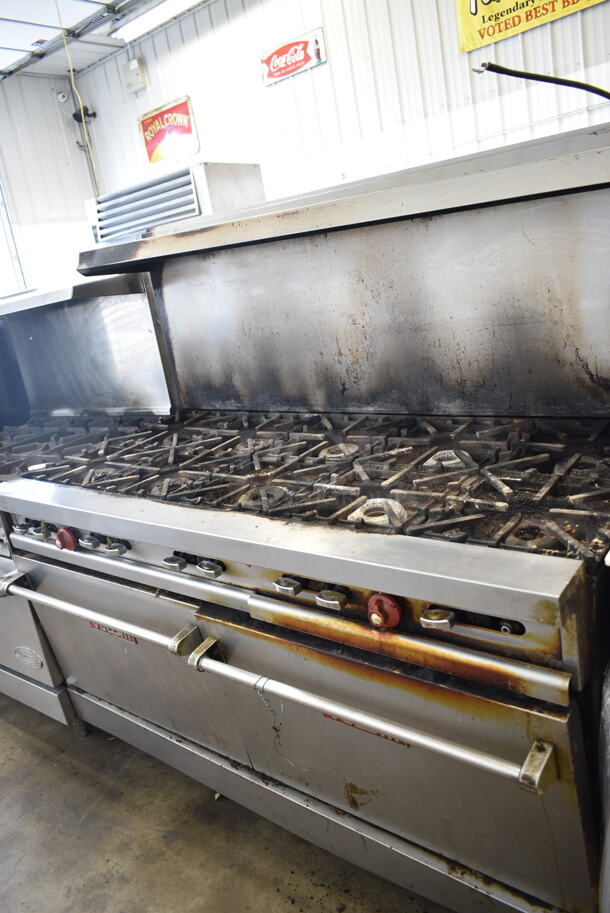 Vulcan Stainless Steel Commercial Natural Gas Powered 10 Burner Range w/ 2 Oven, Over Shelf and Back Splash.  - Image 1 of 7