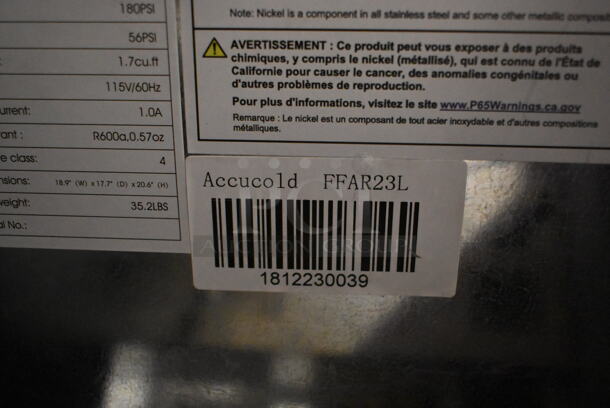 Accucold FFAR23L Metal Mini Cooler. 115 Volts, 1 Phase. Tested and Powers On But Does Not Get Cold
 - Image 4 of 4