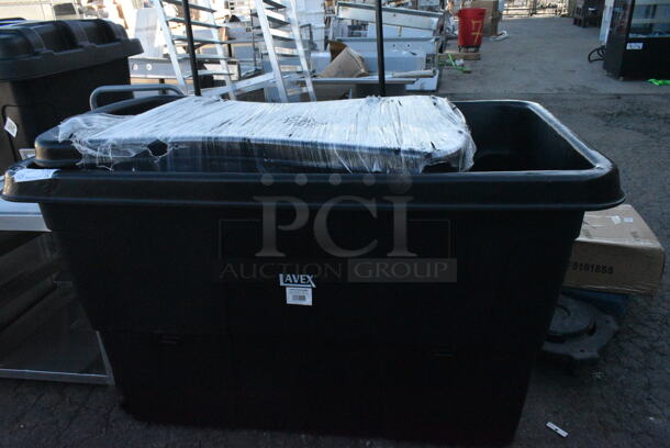 2 BRAND NEW SCRATCH AND DENT! Items Including Lavex 47527THTUBBK 27 cu ft Towable Cube Truck 1200 lb Capacity and Rubbermaid FG461600BLA Black 16 Cu. Ft. Bulk Cube Truck (500 lb.). 2 Times Your Bid!  - Image 1 of 5