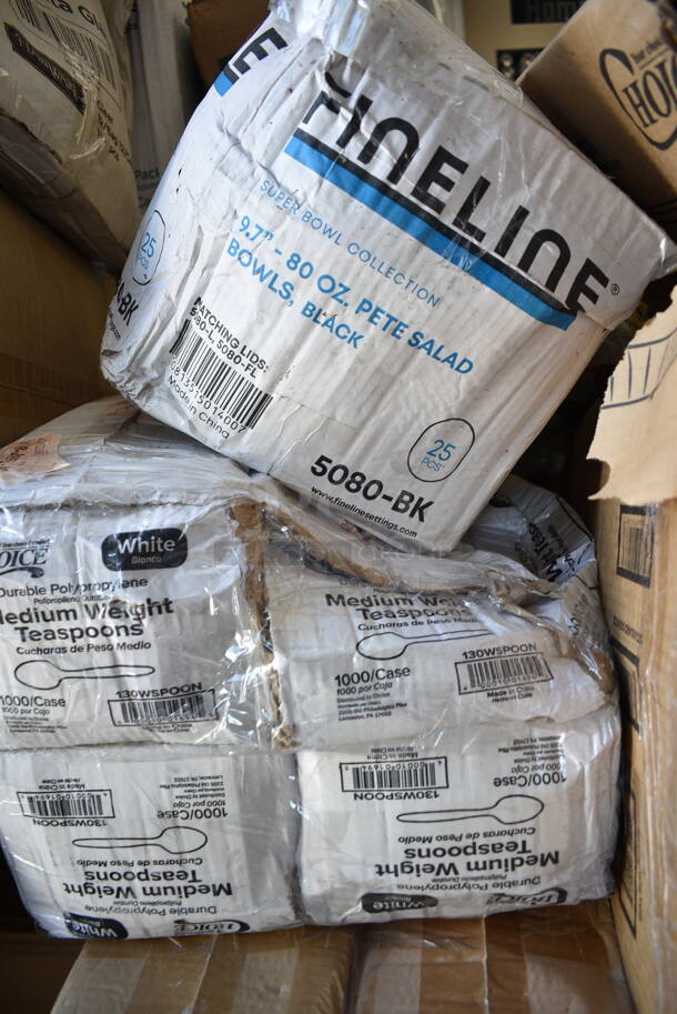 PALLET LOT of 45 BRAND NEW Boxes Including Tork 2461200 Tork Advanced T24 Individually Wrapped 2-Ply Standard 500 Sheet Toilet Paper Roll 4" x 3 3/4" - 80/Case, 2 Box Dart 95HT3R 9 1/2" x 9" x 3" White Foam Three-Compartment Square Take Out Container with Hinged Lid - 200/Case, 127P2C Choice Clear Plastic Souffle Cup / Portion Cup - 2 oz. - 2500/Case, 5080-BK Fineline 9.7" 80 oz Pete Salad Bowls, 5002DNAP Choice White 2-Ply Dinner Napkin 17" x 15" - 3000/Case, Flairware 12 oz Margarita Glasses, 394365L Noble Products Powder-Free Disposable Clear Vinyl Gloves for Foodservice - Large - 1000/Case, Dart ClearPac SafeSeal 12 oz. Tamper-Resistant, Tamper-Evident Hinged Container with Flat Lid - 200/Case, Bell Marque 00200 Napkins, Round Foil Board Lids, 347TCL10 Choice 10 oz. Clear Disposable Plastic Tumbler - 500/Case, 2 Box 128HD16COMBO ChoiceHD Microwavable Plastic Deli Container, Choice 5 oz Dessert Cups, 4 Box 130WSPOON Choice Medium Weight White Plastic Teaspoon - 1000/Case, 2 Box 129MCR16B Dart ClearPac SafeSeal 12 oz. Tamper-Resistant, Tamper-Evident Hinged Container with Flat Lid - 200/Case, 128HDLDBULK ChoiceHD Microwavable Translucent Plastic Deli Container Lid - 480/Case, 500MF883B1C Choice 8" x 8" 1-Compartment Microwaveable Black Mineral-Filled Plastic Hinged Take-Out Container - 150/Case, 50012RIPKRPE Choice 12 oz. Double Wall Ripple Kraft Paper Hot Cup - 500/Case, 795PTOKFT8 Choice Kraft Microwavable Folded Paper #8 Take-Out Container 6" x 4 3/4" x 2 1/2" - 300/Case, 500L1020B Choice Black Hot Paper Cup Travel Lid for 10-24 oz. Standard Cups and 8 oz. Squat Cups - 1000/Case. 45 Times Your Bid! - Image 12 of 12